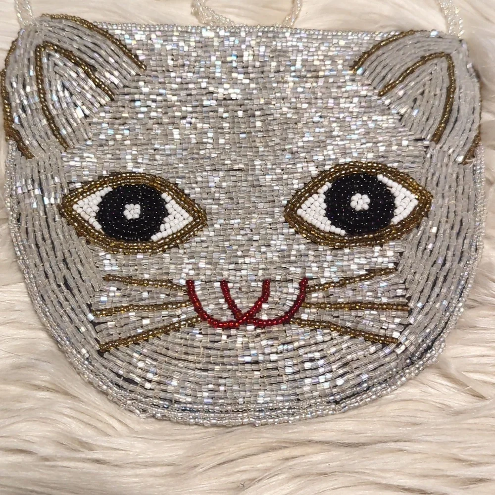 Beaded cat face small crossbody purse bag - Picture 4 of 7